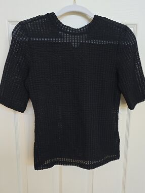 Maeve Black Open-Weave Short Sleeve Tee